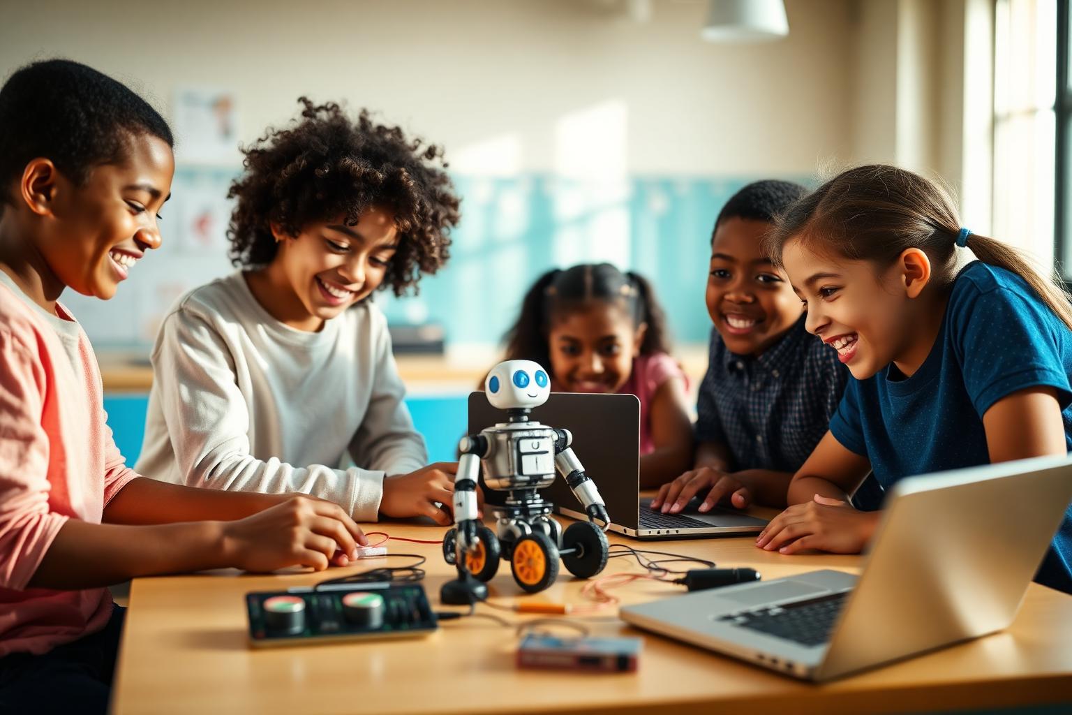 Diverse children learning robotics, coding and AI together